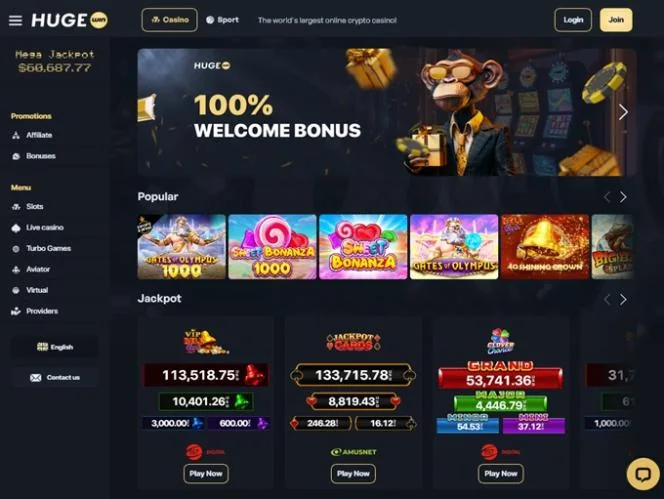 Η αρχική σελίδα του HugeWin Casino